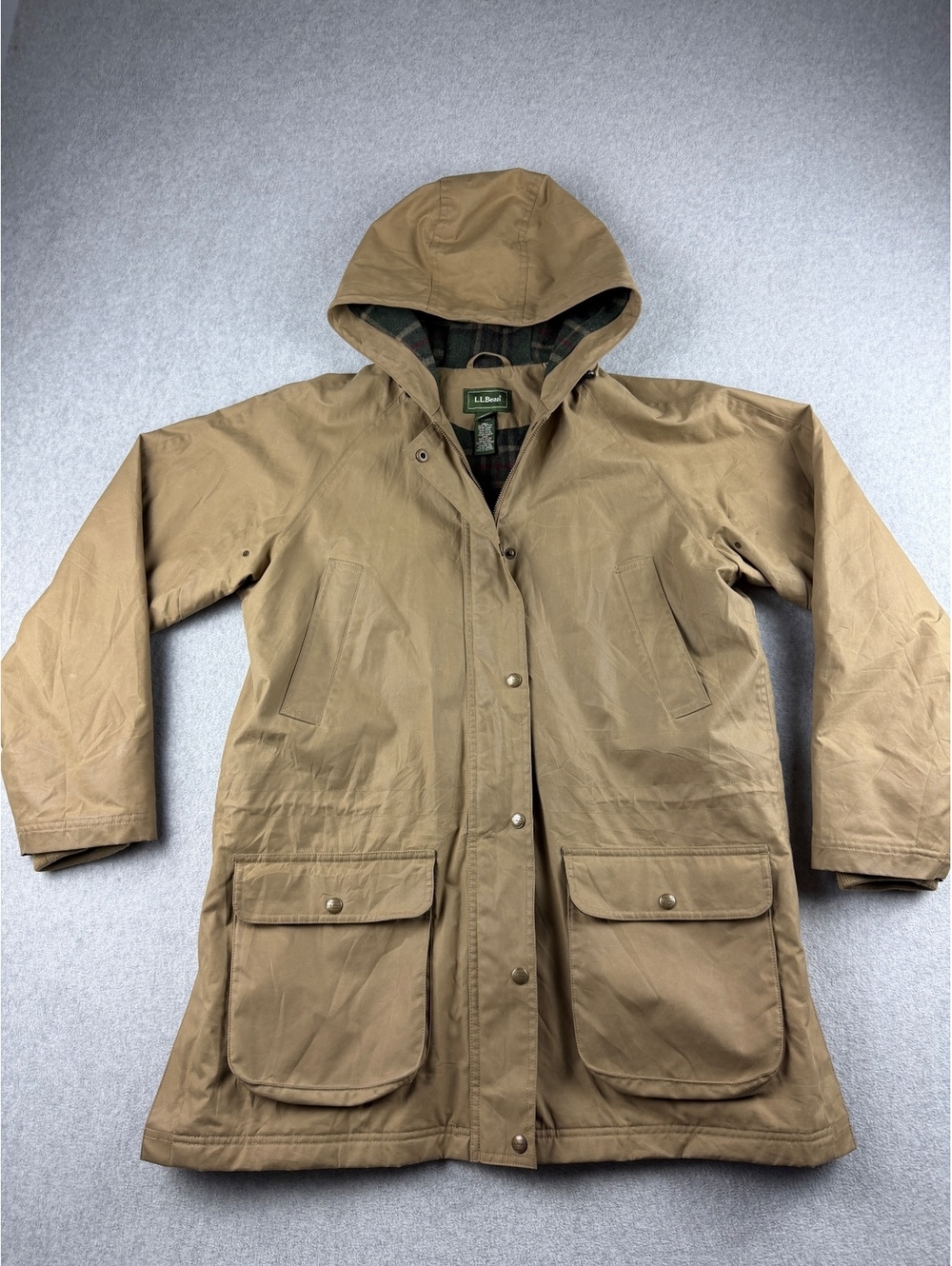 Bean Womens M Waxed Cotton Barn Coat Wool Plaid Lined Hooded Field Jacket